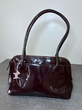 Radley London Brown Patent Leather Satchel Dog Print Bag Charm Pink Lining